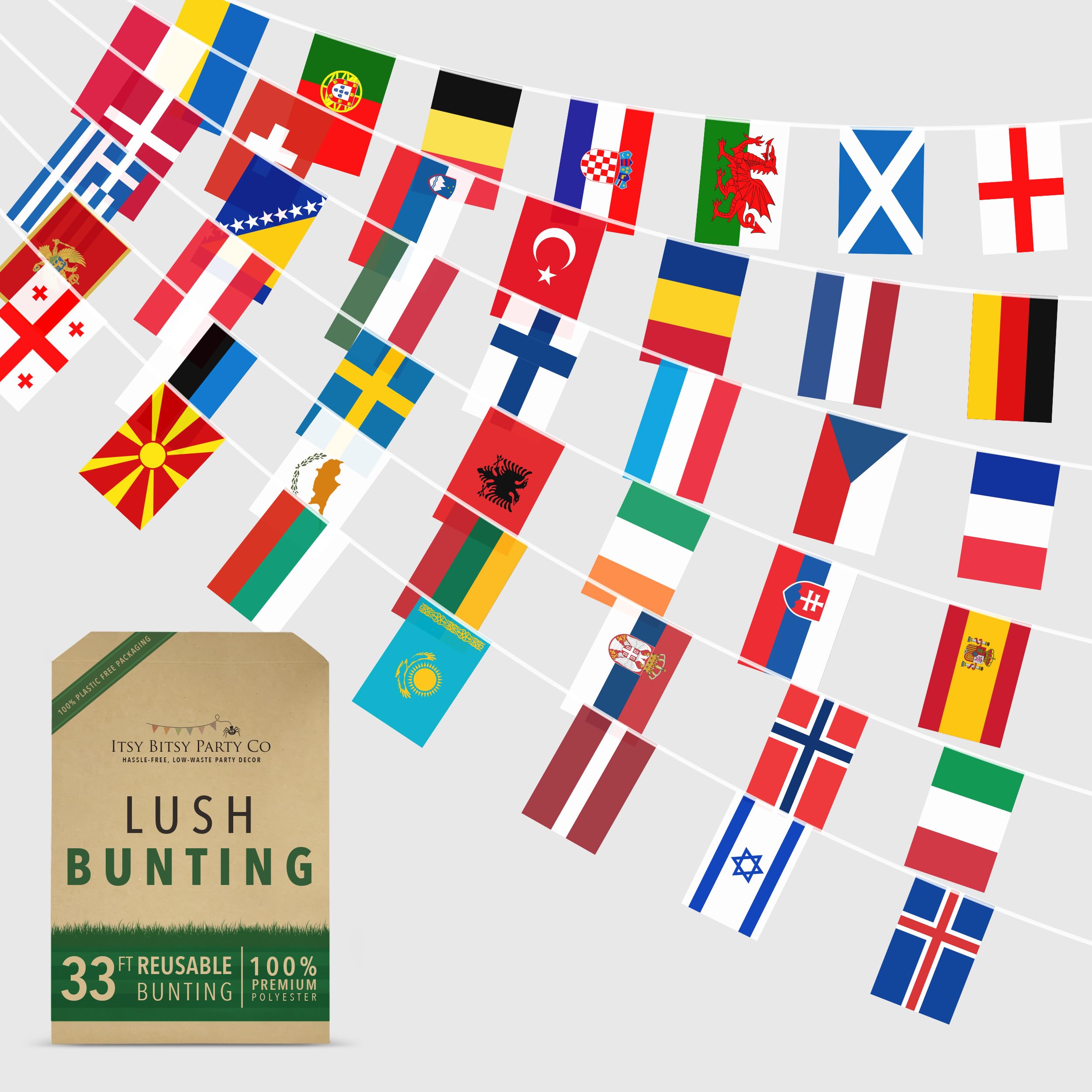 Premium Reusable Eurovision Bunting - 42 Eurovision 2026 Party Decorations - As Seen on TV, 100% Premium Polyester - European Flag Bunting (33ft, 42 European Flags)