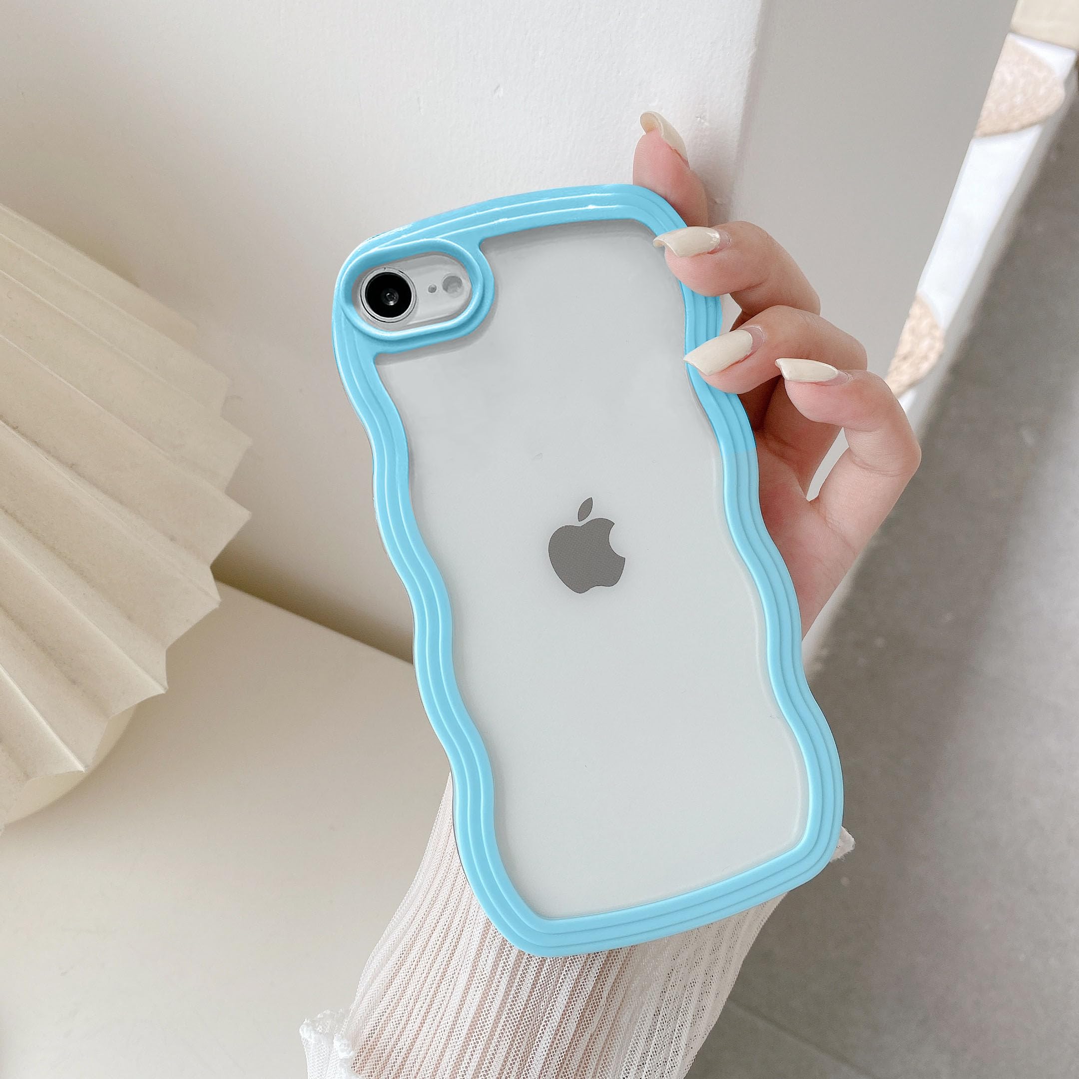 QLTYPRI Case for iPhone SE 2022 / SE 2020, iPhone 8/7, Cute Curly Wave Frame Clear Case for Girls Women, Transparent Soft Silicone TPU Bumper Shockproof Phone Cover - Sierra Blue