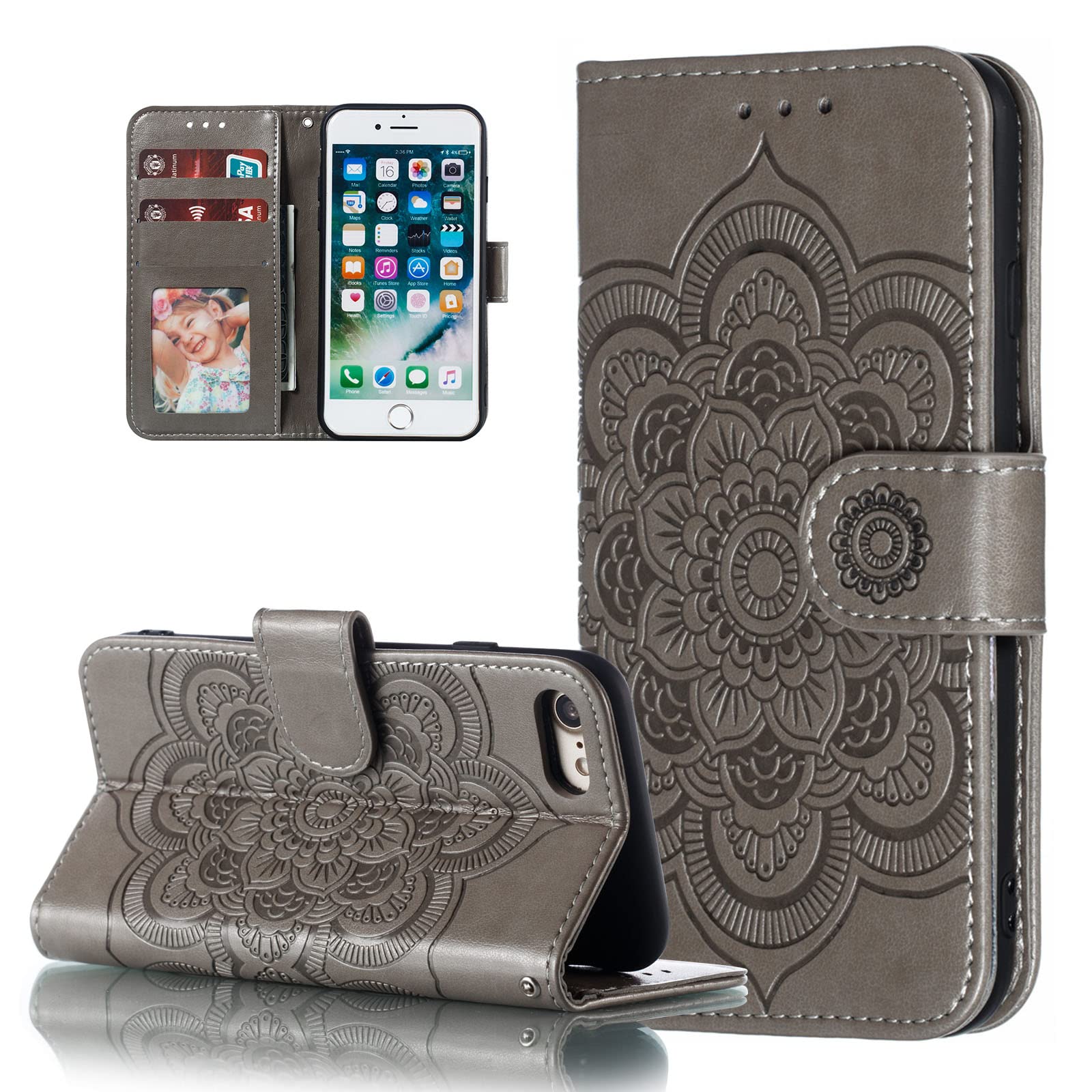 EYZUTAK Case for iPhone XR, Premium Flip Wallet Phone Case PU Leather Mandala Embossed Design Shockproof Cover with Kickstand Card Holder Protective Case - Gray
