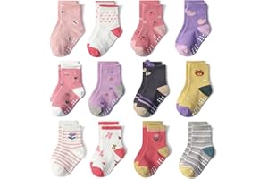 SkiBeaut Toddlers Girls Socks Baby Grips Socks 12 Pairs Non Slip Skid Kids Crew Socks with Grippers for 6-12 Months,1-7 Years