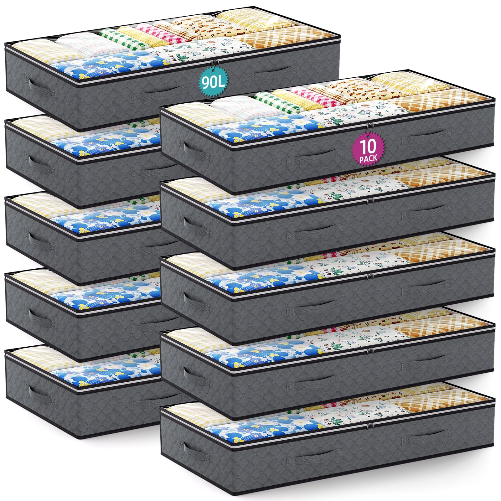 Photo 1 of 10 Pack Under Bed Storage Containers 90L Underbed Closet Organizer System Collapsible Storage Bins with Clear Window and Reinforced Handles for Bedding Pillows Blanket Towels Clothes Wardrobe Bedroom