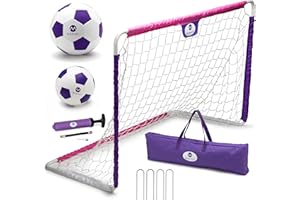 Morvat Kids Metal Poles Soccer Goal Set Portable Lightweight Training Equipment Backyard & Indoors Premium 48”x30” Net, 2 Size Soccer Balls, Ball Pump, Storage Bag – Black/White, Pink/Purple, Rainbow