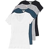 4 Pack Zenana Womens Basic V-Neck T-Shirts Large Black, White, Teal, H Gray