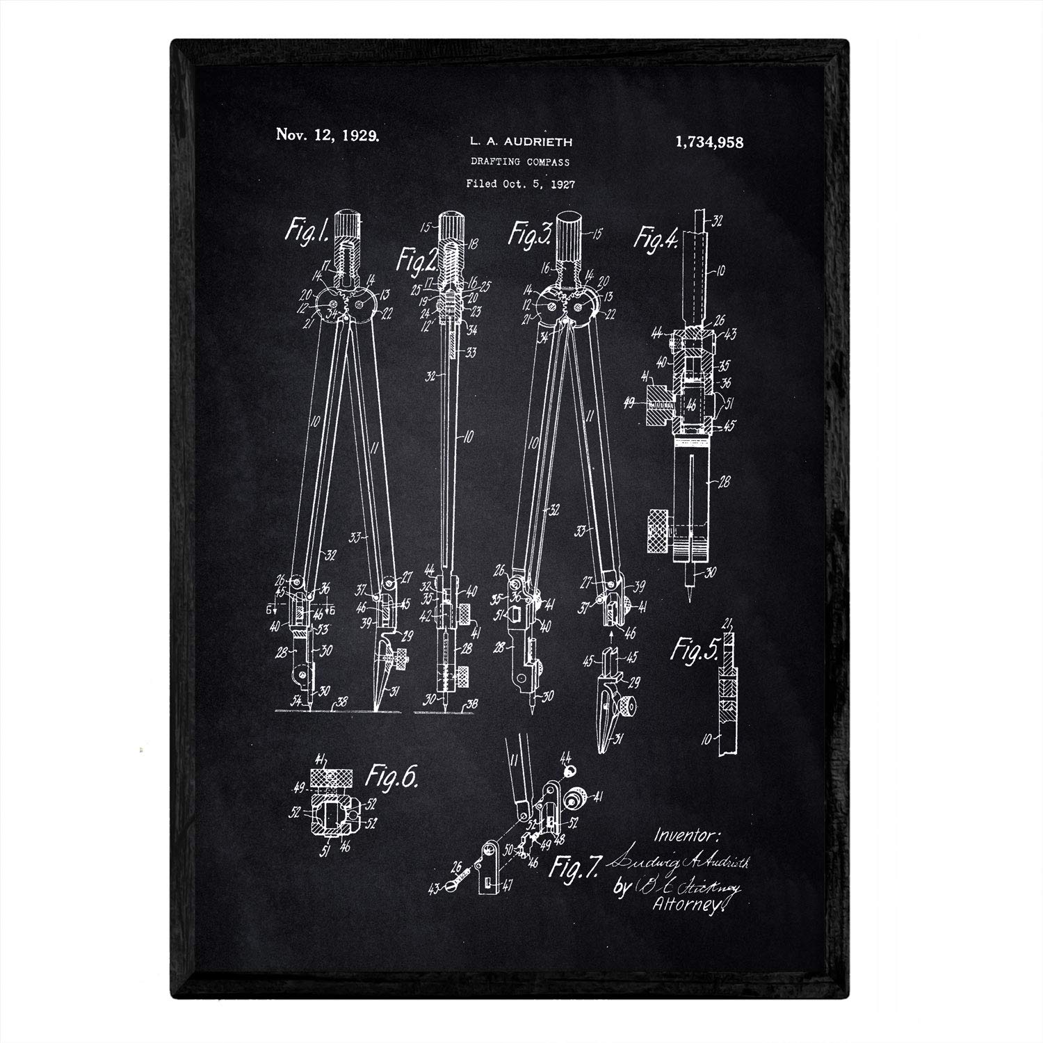 Nacnic Poster patent Compas. Sheet with old design patent A3 size with black background