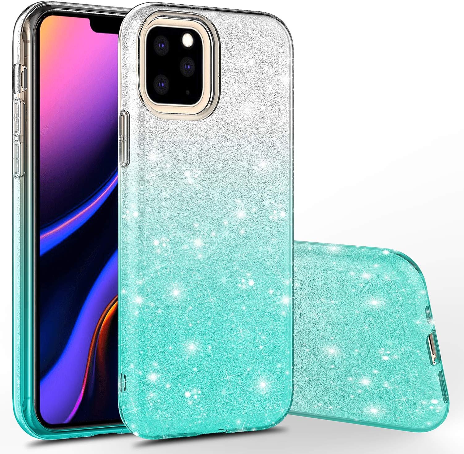 iPhone 11 Pro Max Case, Rosebono Cute Fashinon Slim Luxury Shinning Sparkle Bling Classy Glitter Sparkle Girl Girly Women Protective Cover for iPhone 11 Pro Max (Silver/Teal)