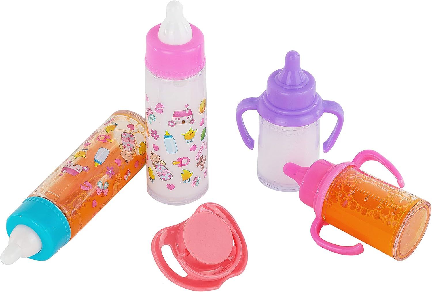 fash n kolor My Sweet Baby Disappearing Doll Feeding Set | Baby Care 4 Piece Doll Feeding Set for Toy Stroller | 2 Milk & Juice Bottles with Toy Pacifier for Baby Doll: Toys & Games