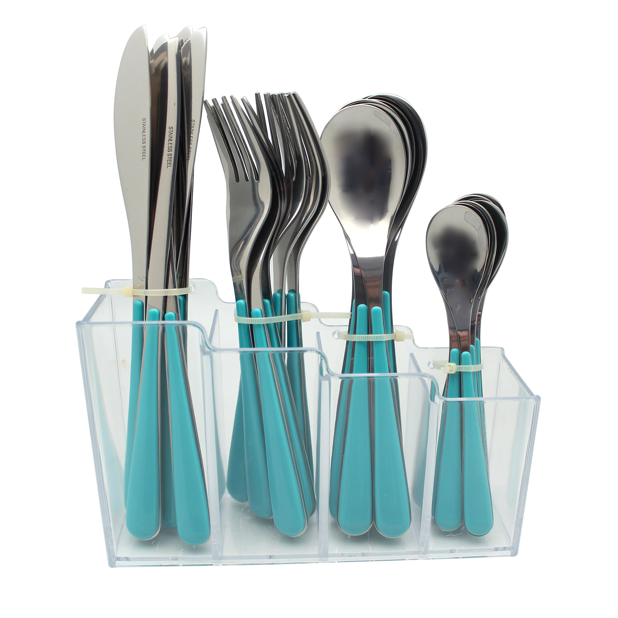 Exzact Cutlery Set 24pcs Stainless Steel in a Plastic Holding Rack - Color Handles - 6 x Forks, 6 x Knives, 6 x Table Spoons, 6 x Tea Spoons