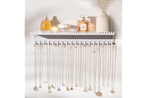Josmimic Necklace Holder Wall Hanging Organizer: Wall Mounted Jewelry Shelf with 56 Hooks and Tray, Display Hanger for Kids, Girls and Women, White & Metal