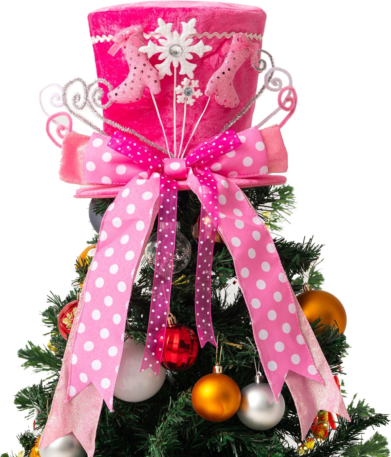 Tree Toppers - Christmas Tree Topper, Christmas Tree Topper Hat, Pink high Heels Tree Topper Christmas Decorations with Bow Ribbon Christmas Tree Ornaments for Holiday Family Xmas Décor