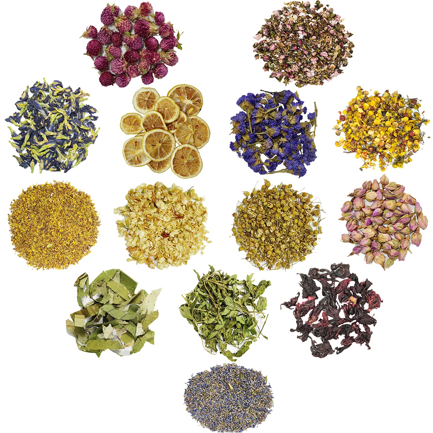Tasnme Natural Dried Flowers Kit 14 Different Pure Nature Dried Flowers for Decoration DIY Soap Candles Resin Jewellery Bath Balls Lavender Rose Jasmine Osmanthus 6.65oz 14 Bags DIY Making