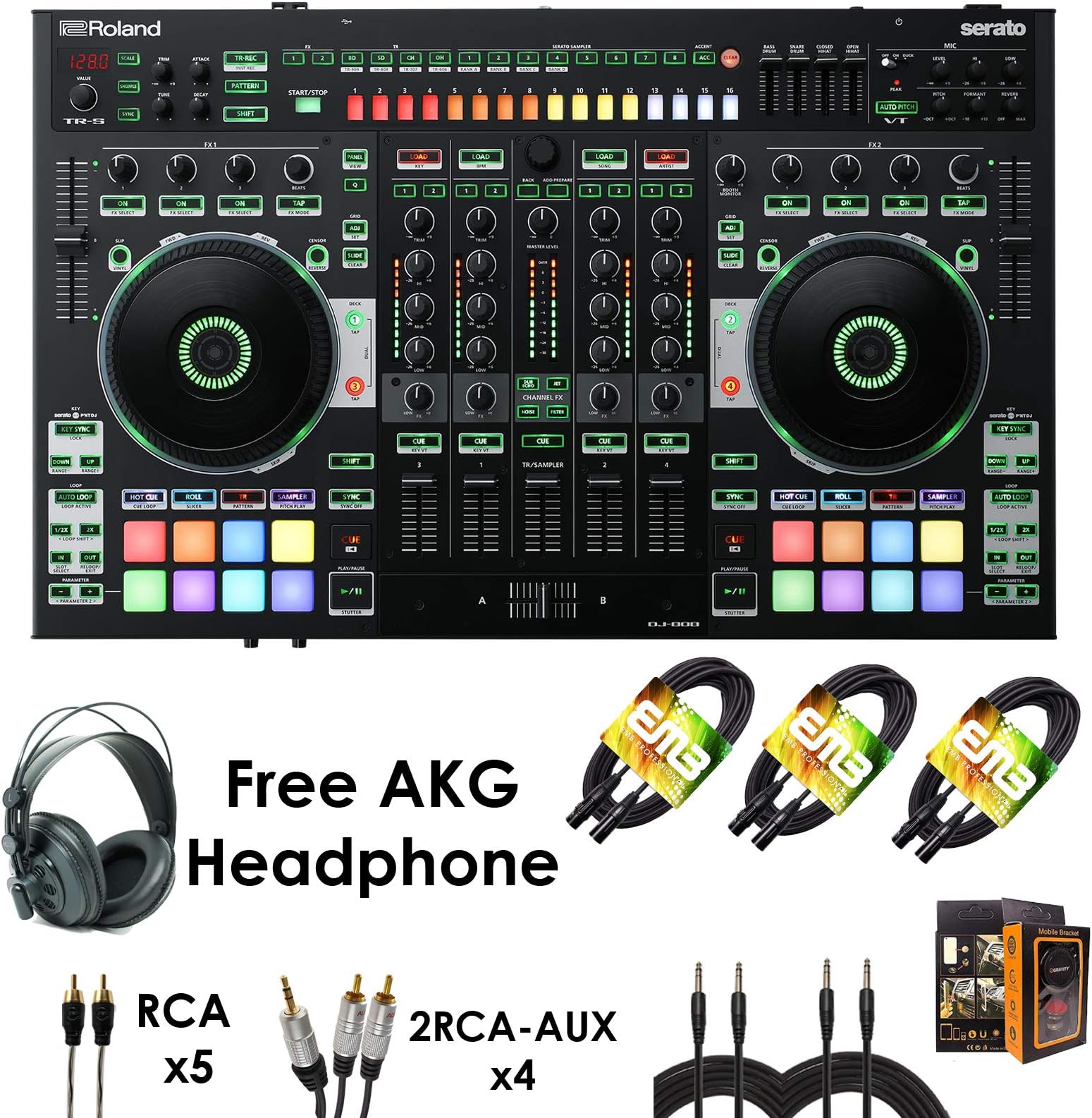 Roland PKG DJ-808 Four-channel, Two-Deck Serato DJ Controller – Package Bundle with 3x XLR Cable, 5x RCA Cable, 4x RCA-AUX Cable, 2x QTQ Cable, and Free Black Headphones & Mobile Bracket