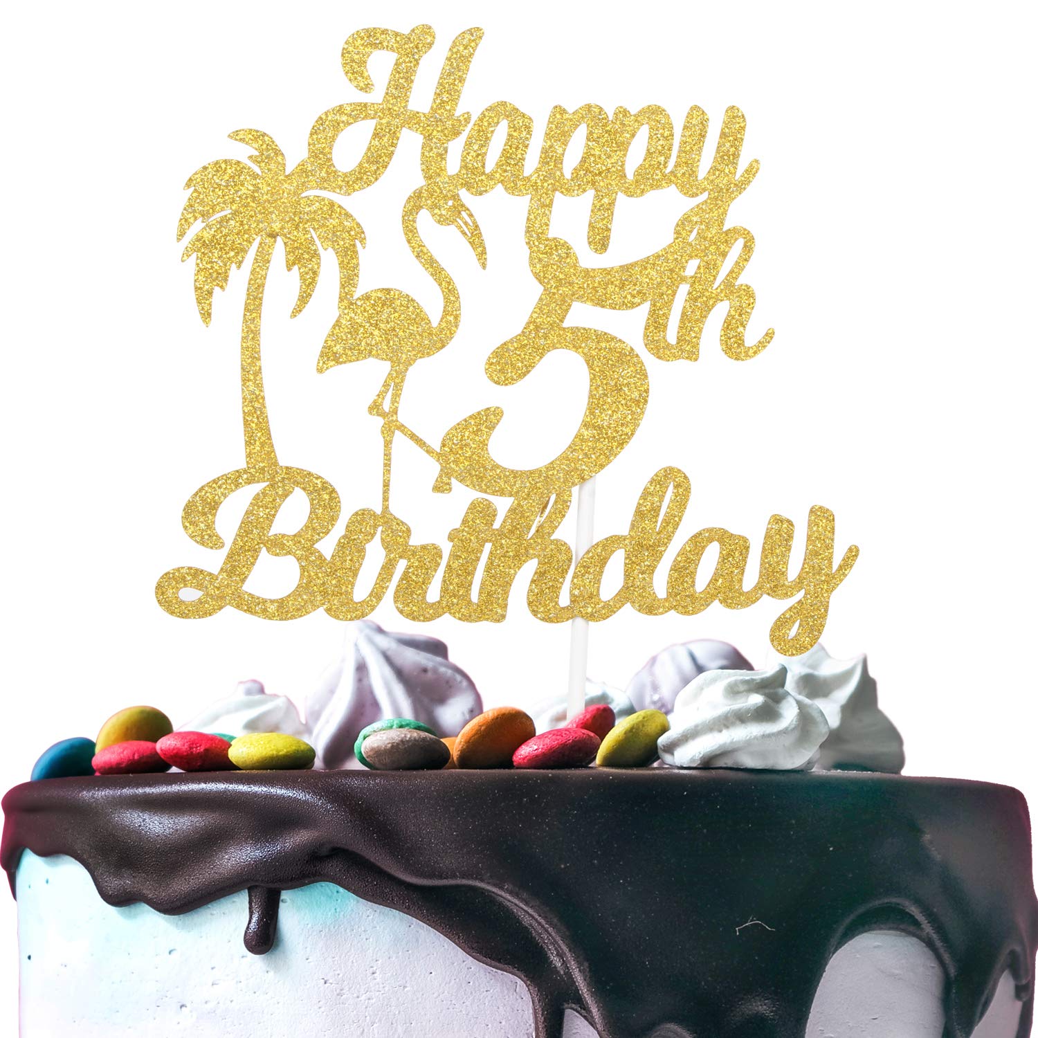 Happy 5th Birthday Cake Topper Hawaii Tropical Flamingo Gold