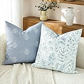 DWR Blue Reversible Floral Linen Blend Farmhouse Decorative Throw Pillow Covers 20x20 Set of 2, Ultra Soft Accent Pillow for Couch Sofa Living Room, Cover ONLY
