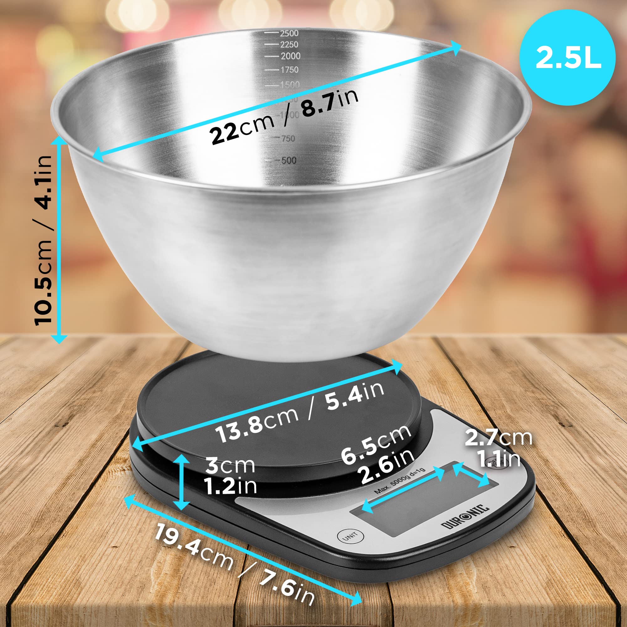 Duronic KS5000RD/SS Digital Kitchen Scales Electronic Kitchen Scale with Bowl Measuring Weighing Scales Baking Scale for Cooking Baking Postal Pet Food Measurement Baker Weight