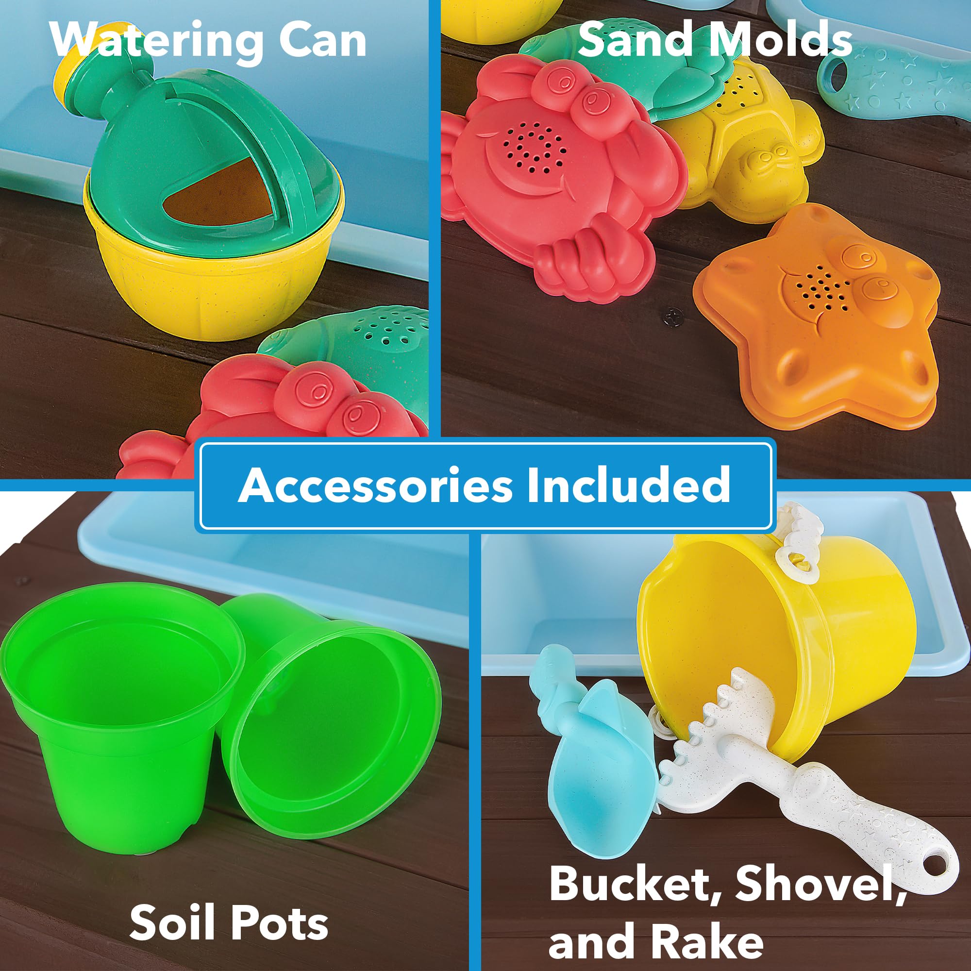 WONKAWOO Sand and Water Table for Toddlers | Outdoor Wooden Sensory Sand Table with 2 Plastic Bins, Built-in Water Tap and Beach Toys Included | Sand & Splash Oasis™ Standing Play Activity Table