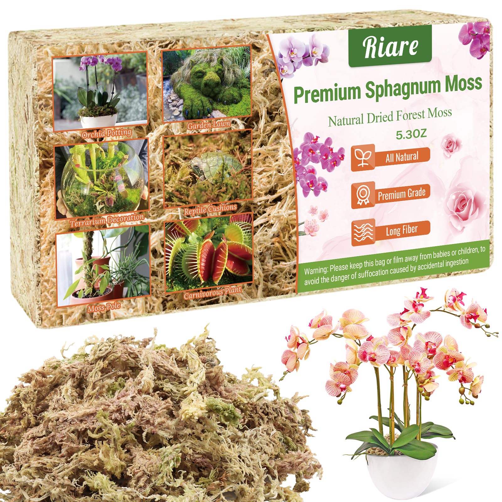 Riare 150g Natural Sphagnum Moss Dried Forest Moss Long Fibered Orchid Moss Potting Mix for Potted Plants Carnivorous Plants Moss Orchid Potting Mix,Reptile Substrate Habitat Decoration