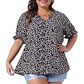 Agnes Orinda Plus Size Summer Tops for Women Floral V Neck Ruffle Puff Short Sleeve Casual Blouse Top