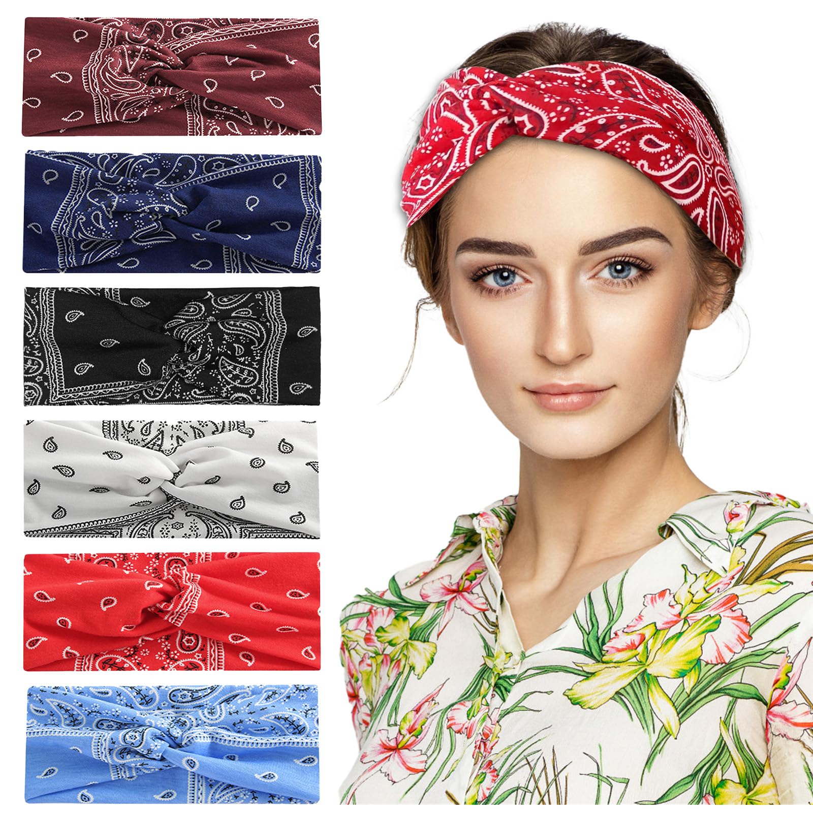 ZUOQIANG 6 Pieces Boho Headband，Soft Elastic Hair Bands,Women's Hair Bands Wide Elastic Hairband Turban Fashion Accessories，Yoga Sports Hairband Bandana Accessories