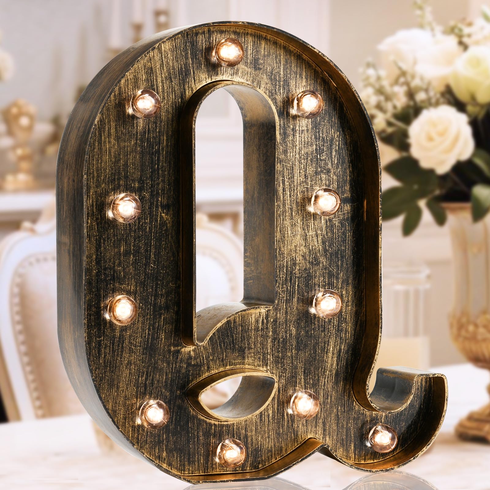 Golden Black Led Marquee Letter - Industrial, Vintage Style Light Up Alphabet Letter Sign for Cafe Wedding Birthday Party Christmas Lamp Home Bar Initials Decor - Q