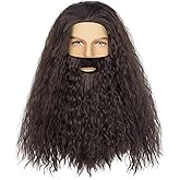 Miss U Hair Men's Long Curly Dark Brown Wizard Wig and Fake Beard for Halloween Costume Cosplay