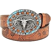 Zentavi Western Cowboy Genuine Leather Belt, Floral Pattern Engraved Longhorn Bull Buckle Belts