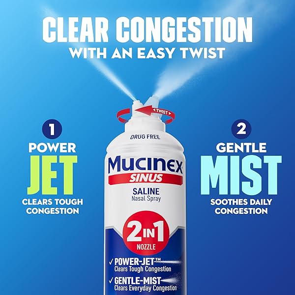 MUCINEX SINUS SALINE NASAL SPRAY & SINUS RINSE, DRUG-FREE, ADDITIVE FREE, NON-DROWSY NASAL IRRIGATION WITH 2-IN-1 JET + MIST SPRAY NOZZLE FOR COLD & ALLERGY SEASON, 4.5OZ SALINE SOLUTION SPRAY