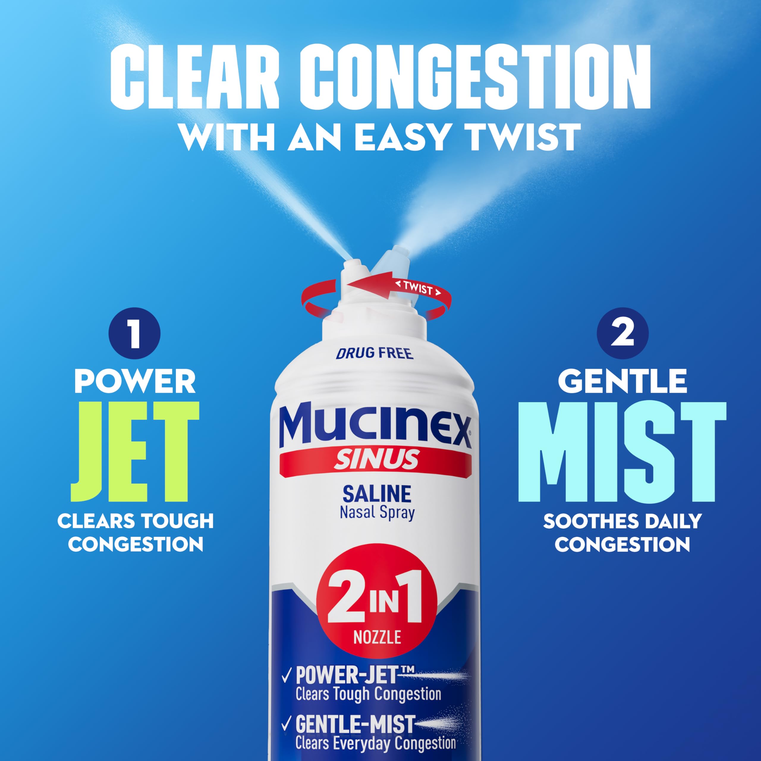 Mucinex Sinus Saline Nasal Spray & Sinus Rinse, Drug-Free, Additive Free, Non-Drowsy Nasal Irrigation with 2-in-1 Jet + Mist Spray Nozzle for Cold & Allergy Season, 4.5oz Saline Solution Spray