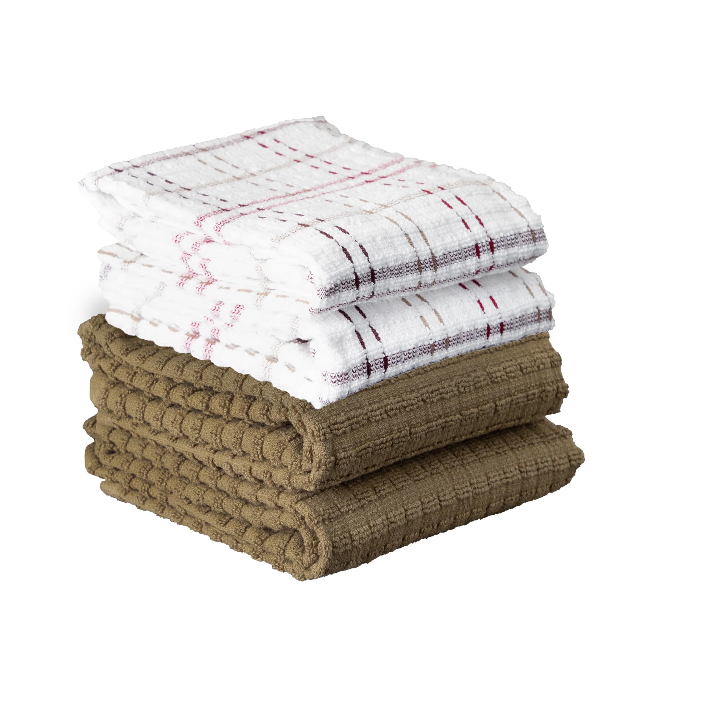 Ritz Royale Collection 100% Combed Terry Cotton, Highly Absorbent, Kitchen Towel Set, 13-3/4" x 12", 4-Pack, Solid & Checked, Mocha Image