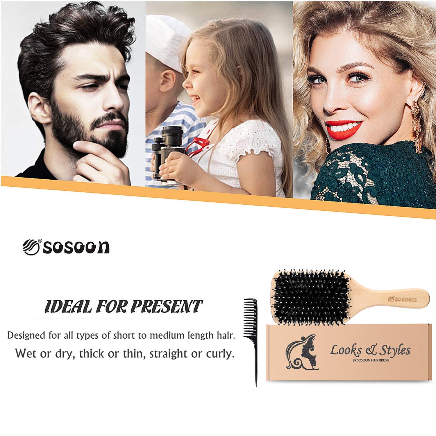 Hair Brush, Sosoon Boar Bristle Paddle Hairbrush for Long Short Thick Thin Curly Straight Wavy Dry Hair for Men Women Kids, No More Tangle, Giftbox & Tail Comb Included : Beauty