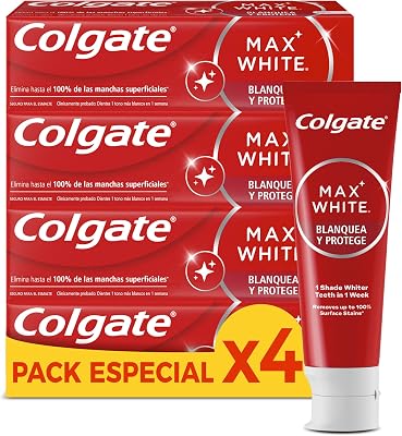 Max White Blanquea y Protege Pasta de Dientes 4 x 75ml, Dentífrico Blanqueador, Elimina hasta el 100% de las Manchas Superficiales, Dientes 1 tono más Blancos en 1 Semana