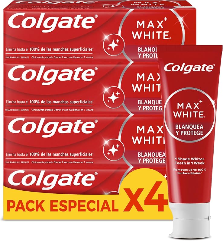 Max White Blanquea y Protege Pasta de Dientes 4 x 75ml, Dentífrico Blanqueador, Elimina hasta el 100% de las Manchas Superficiales, Dientes 1 tono más Blancos en 1 Semana