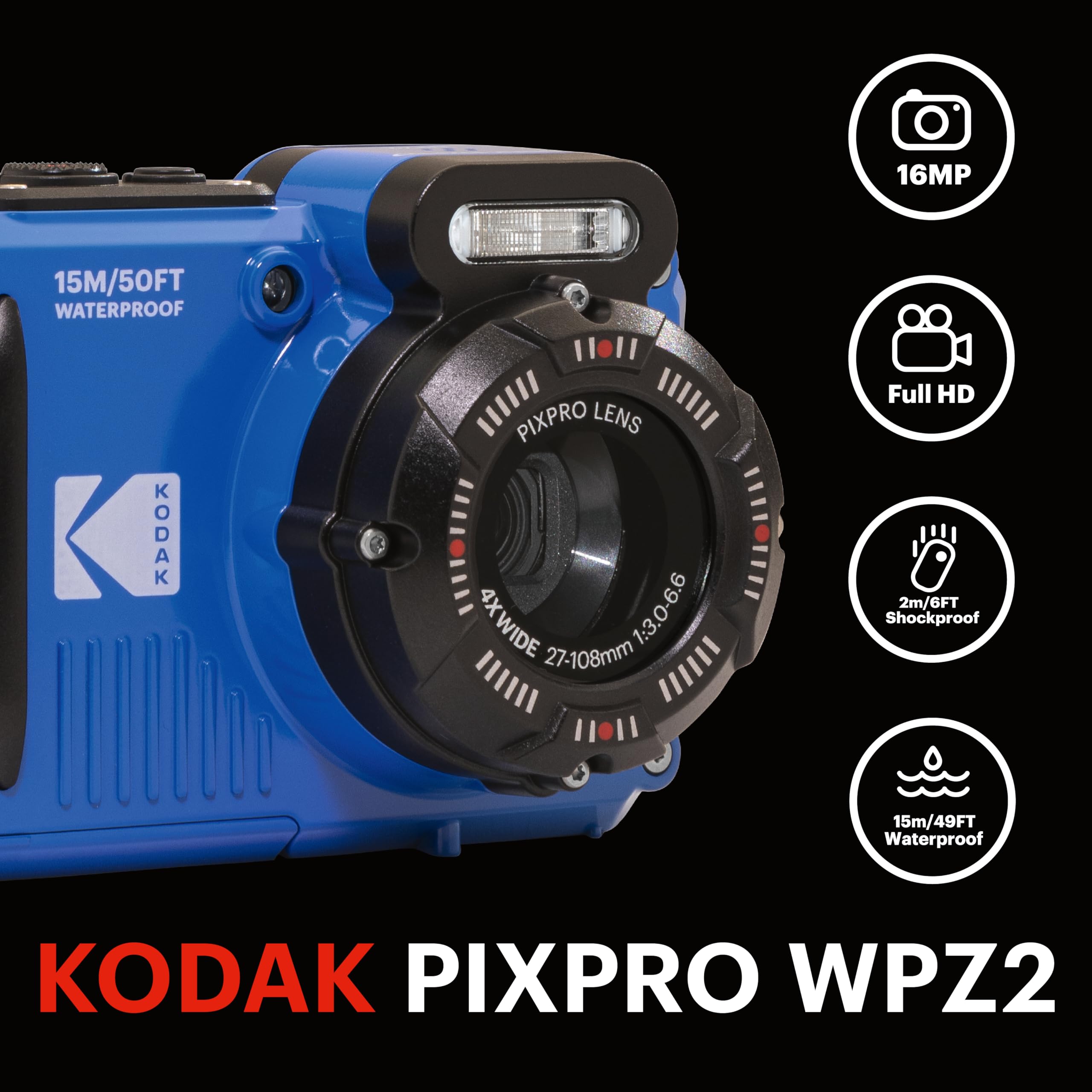 KODAK PIXPRO WPZ2 Rugged Waterproof Shockproof Dustproof WiFi Digital Camera 16MP 4X Optical Zoom 1080P Full HD Video Vlogging Camera 2.7
