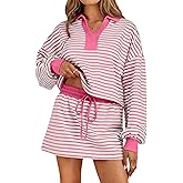 Opemiby Women 2 Piece Outfits Striped Collared V Neck Long Sleeve Sweatshirt and Skort Matching Lounge Set