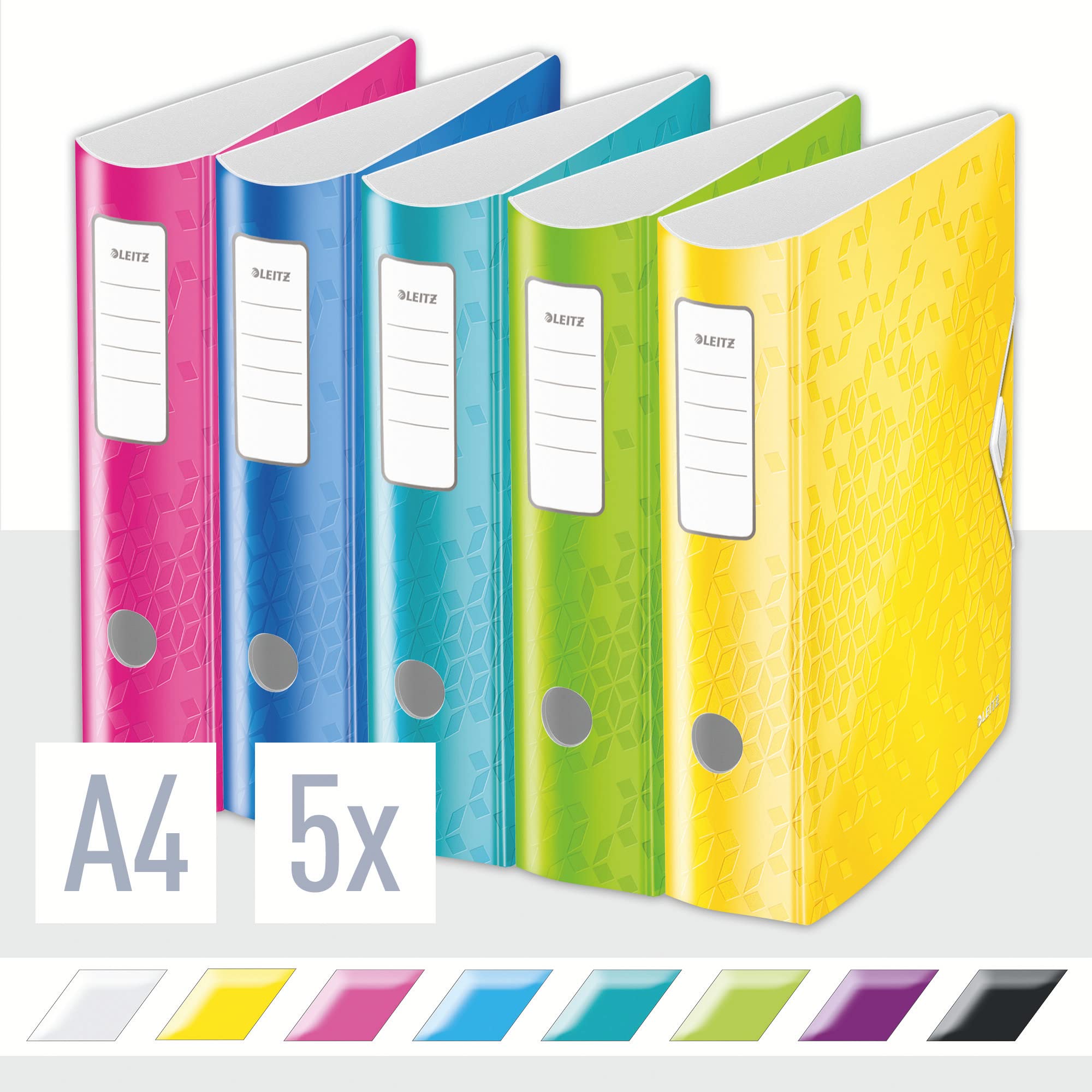 Leitz Lever Arch File, A4, Assorted, Curved spine 75mm width, Elastic fastening, Light polyfoam, Pack 5, WOW Range, 11060099