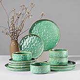 HaWare Dinnerware Sets, 12-Piece Plates and Bowls Set, Stoneware Dish Set for 4, Ceramic Dinnerware for Home Restaurant, Chip and Scratch Resistant, Microwave and Dishwasher Safe, Reactive Green