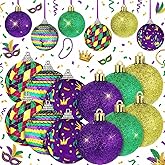 Shappy 24 Pcs Mardi Gras Ball Ornaments Glitter Hanging Balls Ornaments Purple Green Gold Shatterproof Sequin Tree Decoration for Mardi Gras Masquerade Party Holiday(Classic Style)