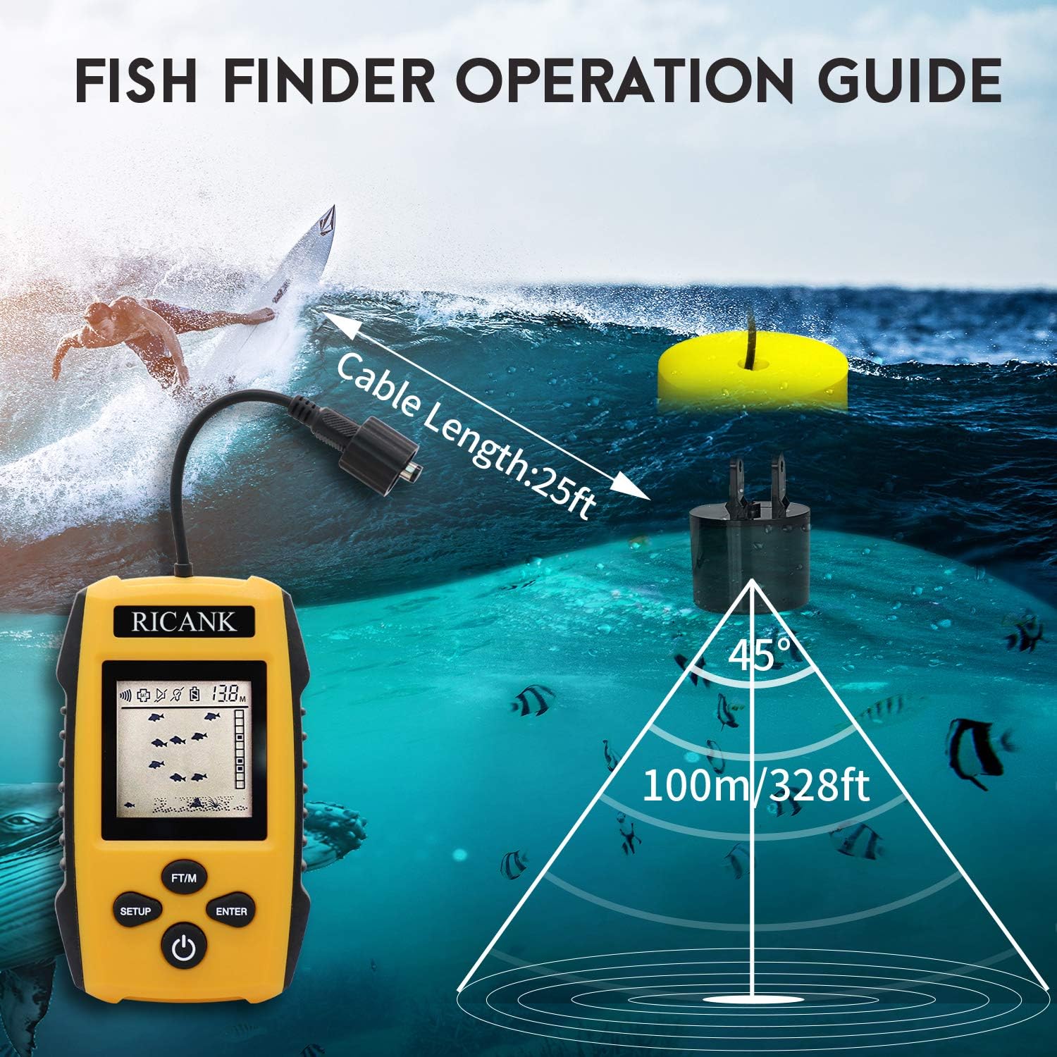 RICANK Portable Fish Finder, Handheld Wired Fish Depth Finder Ice Kayak Fishfinder Shore Boat Fishing Fish Detector Device with Sonar Sensor Transducer and LCD Display Gear Fish Depth Finder Yellow: Sports & Outdoors