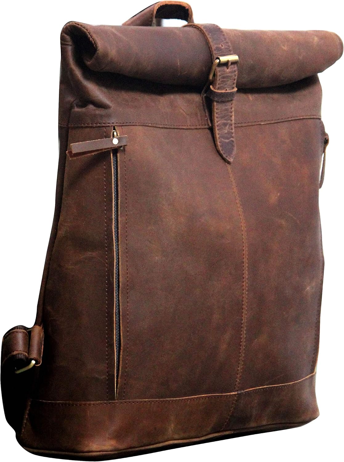 Vintage Roll On Buffalo Leather Rucksack Knapsack Vintage Backpack - Fits 15 Inch Laptops and iPads - Ideal for Business, Travel, Gym - Suits Men or Women (Mate Brown)