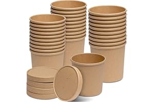 GUSTO [16 oz. - 25 Count Kraft Paper Food Containers with Vented Lids - To Go Hot Soup Bowls, Disposable Ice Cream Cups, Ideal for Hot and Cold Foods - (Formerly Comfy Package)