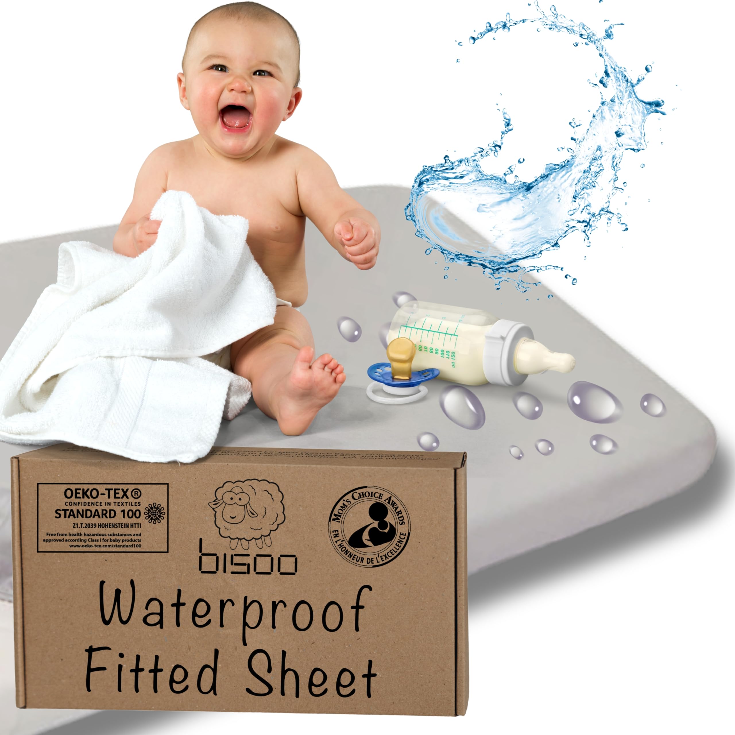 Bisoo Crib Sheets Waterproof 2in1 - Fitted Mattress tector Made of 100% Jersey Oeko-Tex + PU 20x33 in / 50x80 & 50x83 cm - Compatible Bedside & Co-Sleeping - Soft & Silent (Gray)