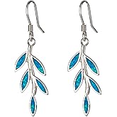 Sterling Silver Created Blue Opal Hawaiian Olive Branch Maile Leaf Dangle Earrings