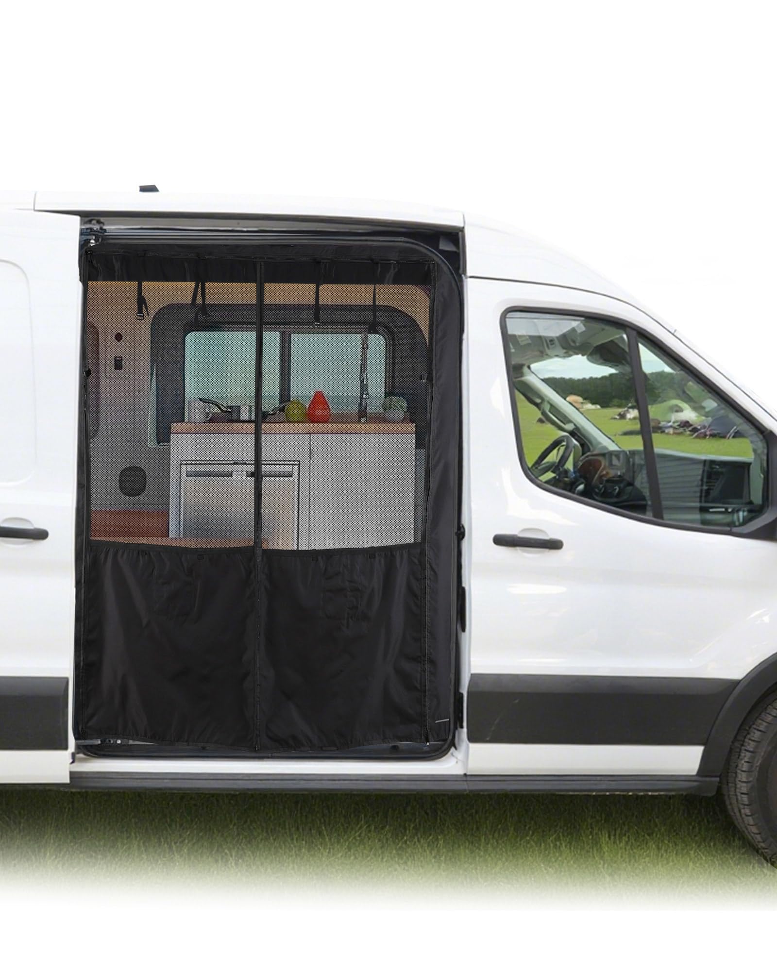 Photo 1 of Vanhoxcci Van Bug Screen with Privacy Panel Fit for Ford Transit 150 250 350 2015-2024 Mid/High Roof Side Door Mosquito Net Campervans Flyscreen Mesh, Center Magnetic Closure