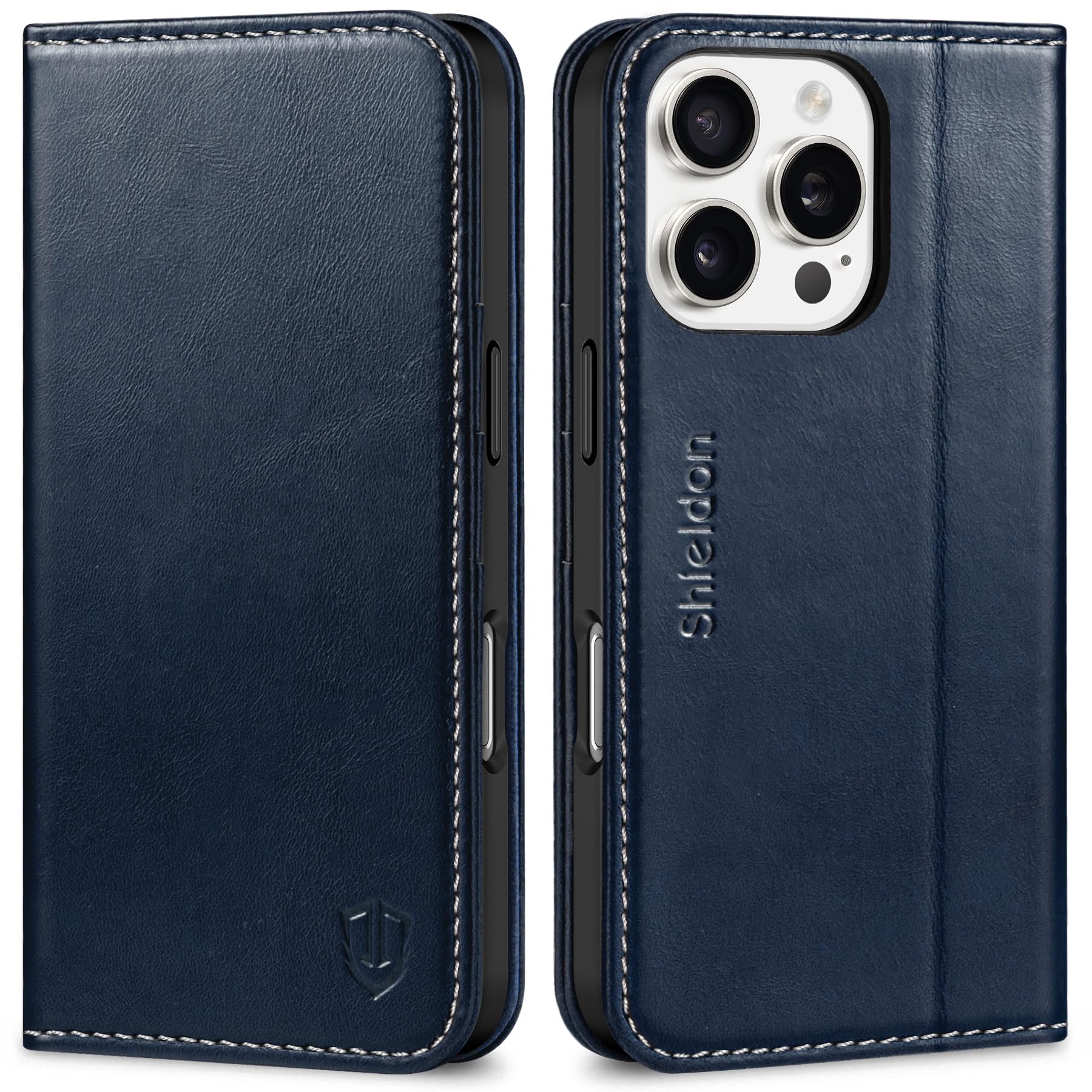 SHIELDON Case for iPhone 16 Pro 6.3", Genuine Leather Wallet Case with Card Holder [Kickstand][RFID Blocking][Magnetic Closure] Shockproof Folding Case Compatible with iPhone 16 Pro - Retro Dark Blue