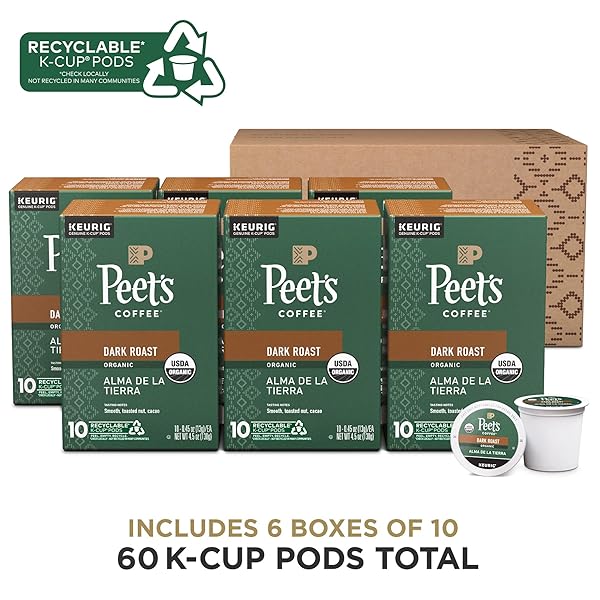 PEET’S COFFEE, USDA ORGANIC DARK ROAST KEURIG K-CUP PODS – ALMA DE LA TIERRA 60 COUNT (6 BOXES OF 10 K-CUP PODS)