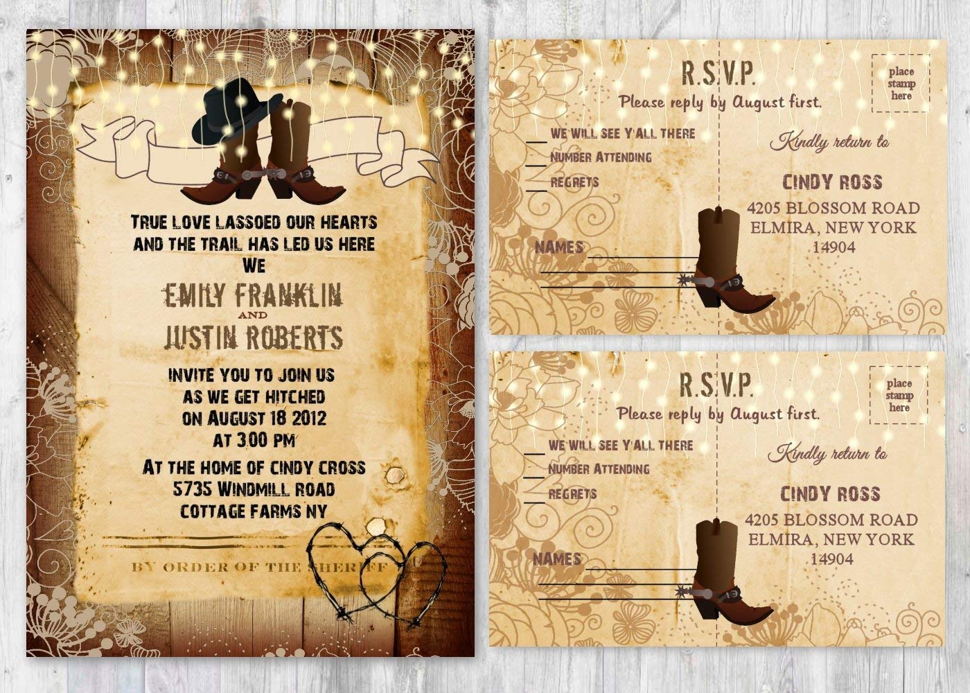 Western Wedding Invitations With Matching Card Set of 100