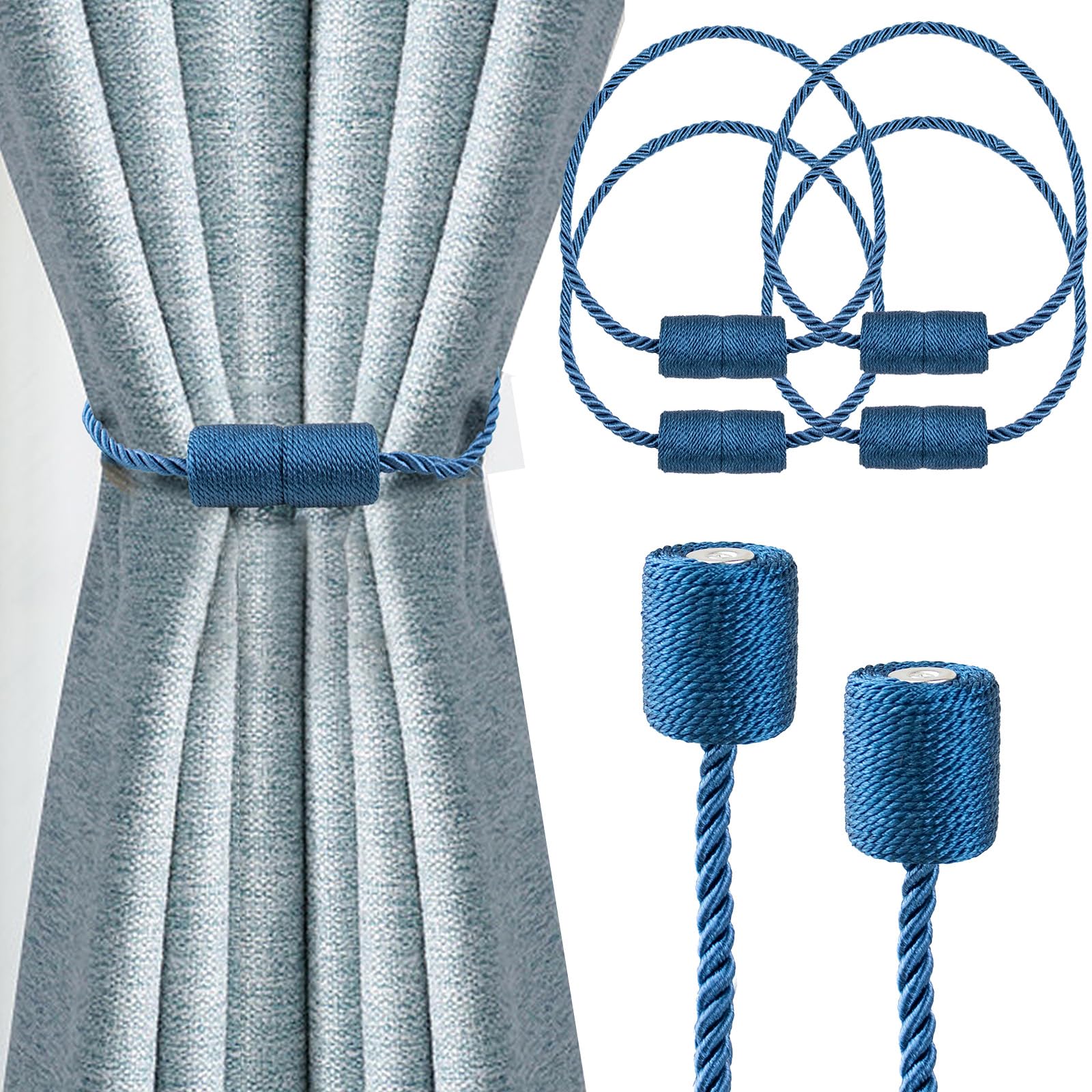 Strong Magnetic Curtain Tiebacks,Curtain Ties for Home Bedroom Office Decorative Curtain (4, Blue)
