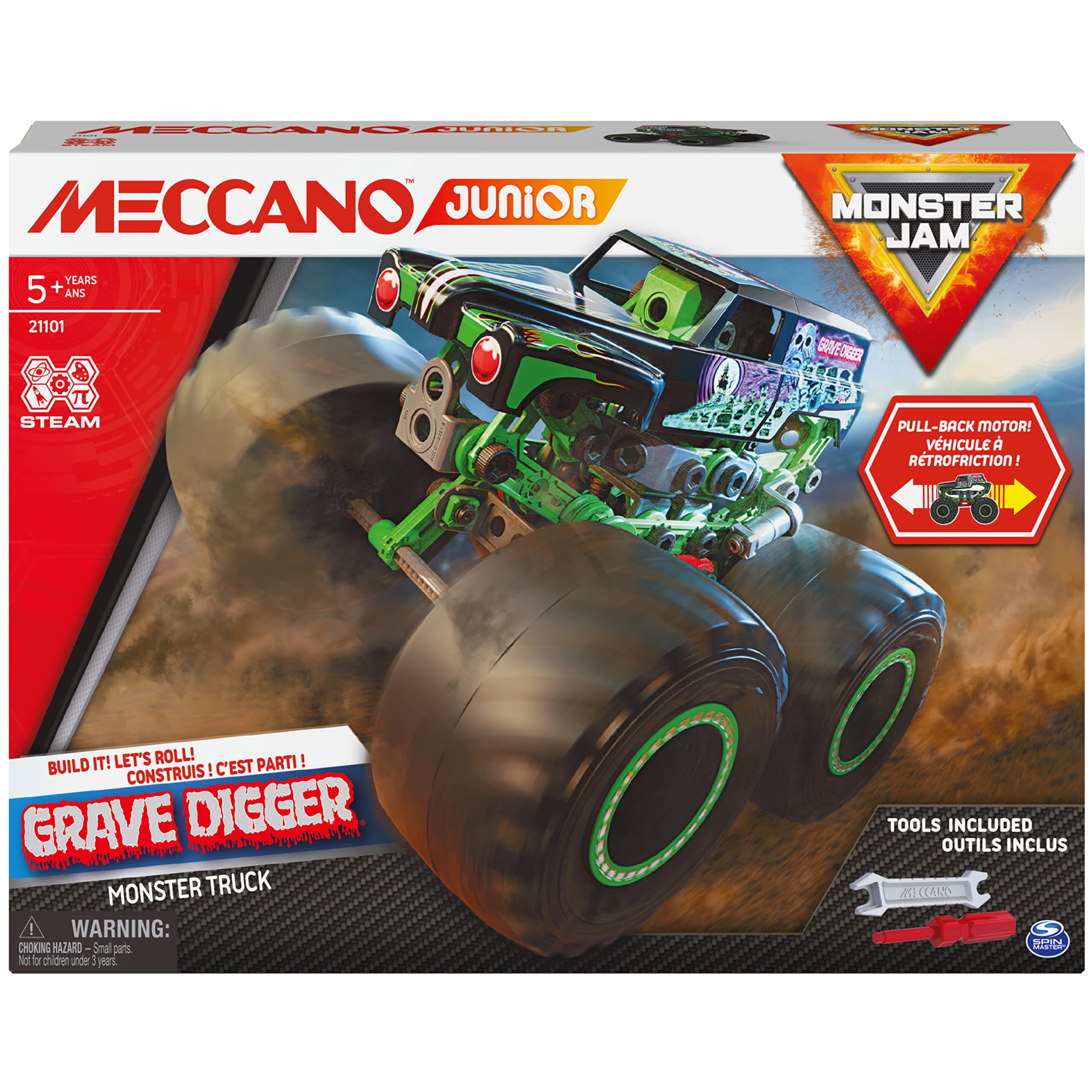 MECCANO Junior, Official Monster Jam Grave Digger Monster Truck STEM Model Building Kit with Pull-back Motor, Kids Toys for Ages 5 and Up
