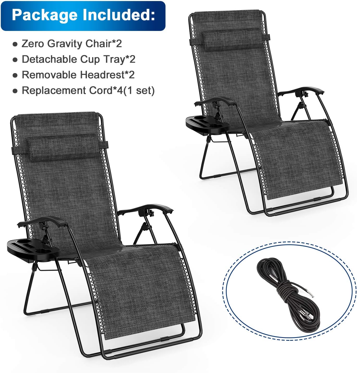 Keten Zero Gravity Chair, Patio Folding Lounge Chair Recliners, Adjustable Lawn Lounge Chair with Pillows Replacement Cords Cup Holders for Backyard Poolside Beach Set of 2(Black) : Garden & Outdoor
