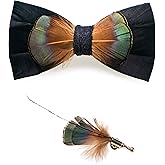 RBOCOTT Handmade Feather Pre-tied Bow tie and Brooch Sets for Men