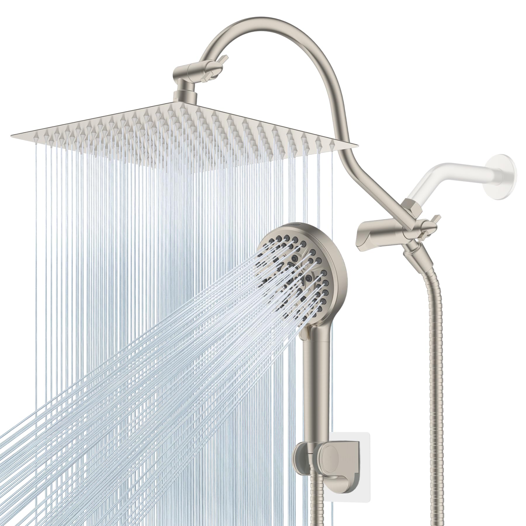 Photo 1 of Hibbent 12'' All Metal Shower Head, High Pressure Rainfall Shower Head/Handheld Showerhead Combo/ 12'' Adjustable Curved Shower Extension Arm, 10-Spray, 71'' Adhesive Showerhead Holder, Brushed Nickel